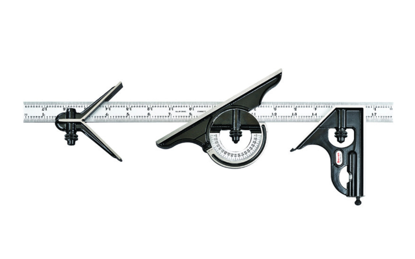 Starrett 18" Combination Set with Square, Center & Reversible Protractor Head and Blade includes a reversible lock bolt, scriber, spirit level in both square head & protractor head, direct reading double 180 Deg protractor scale, hardened steel, photo-engraved blade. The square heads and center heads are forged, hardened steel with smooth, black enamel finish. 18", 4R Grad, Satin Chrome Blade.   Made in USA.
