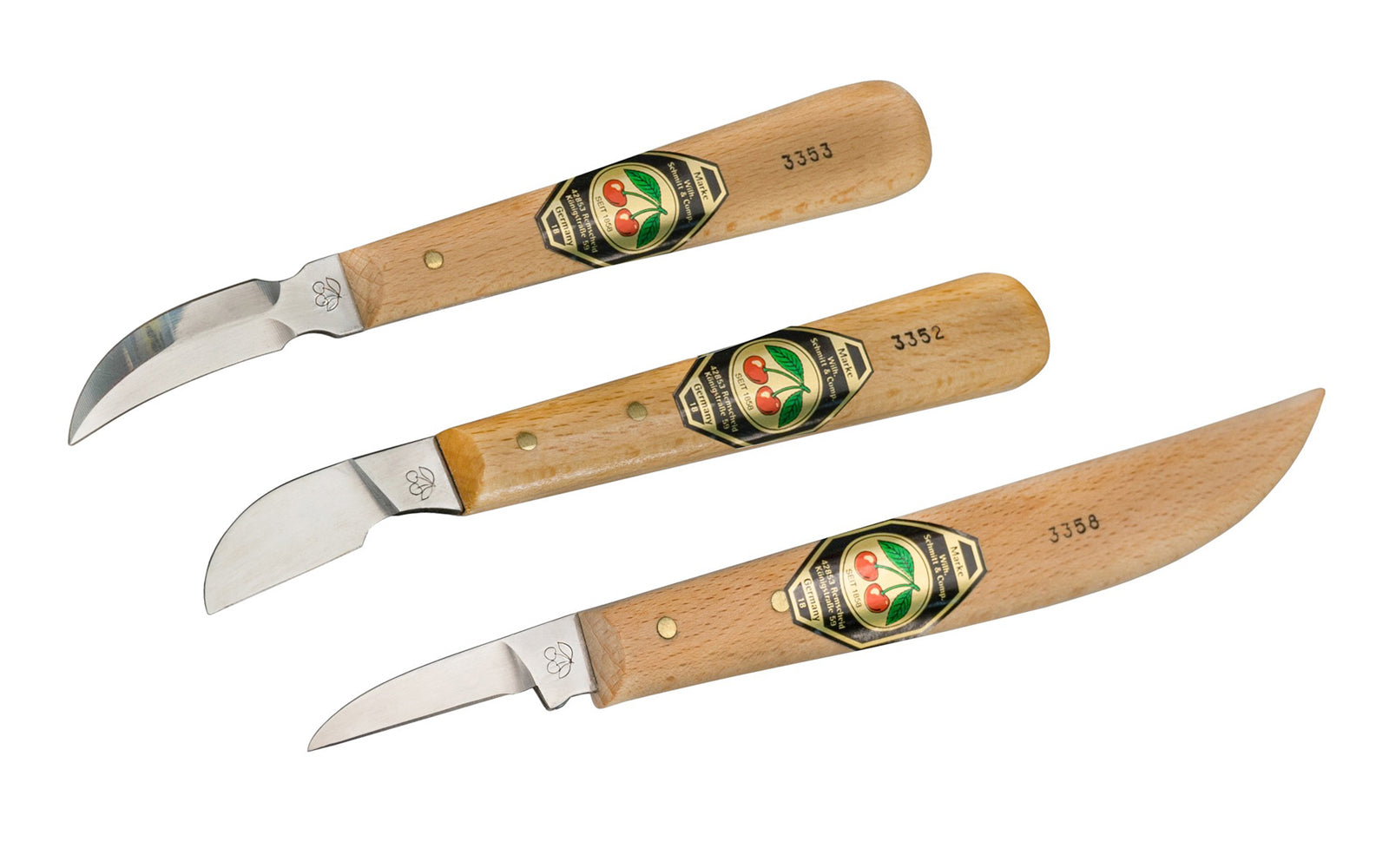 A quality 3-Piece Chip Carving Knife Set made by Two Cherries in Germany containing three of their most popular models. Includes the Straight Edge Blade 3358, Double Sided Curved Edge 3353, Long Skew Edge 3352. High carbon steel  blades. 5153303. 3304/000. 4016649033039. 3 PC chip carving set