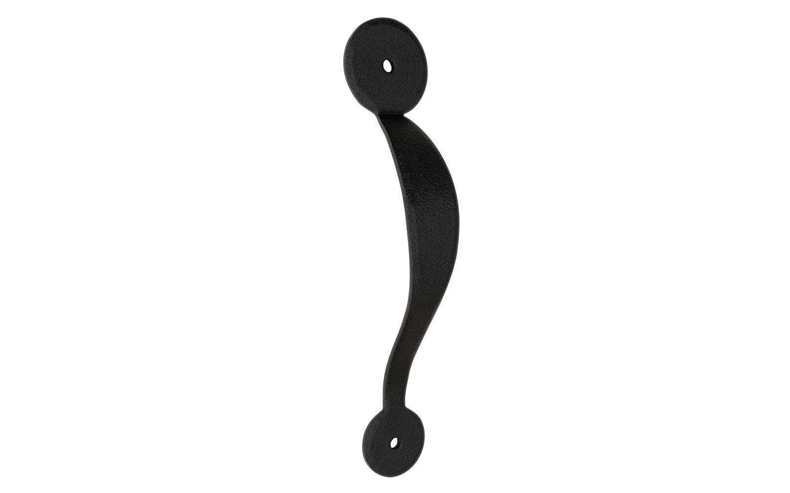 A hand-forged door pull handle with circle end tips. Steel material with a black finish, it has a nice durable feel. This traditional-looking piece of hardware is great for doors, gates, & large cabinets. Powder coated to resist rust. Circle tips - Early-American Style - Cast Iron - 7" overall length - Model 88491