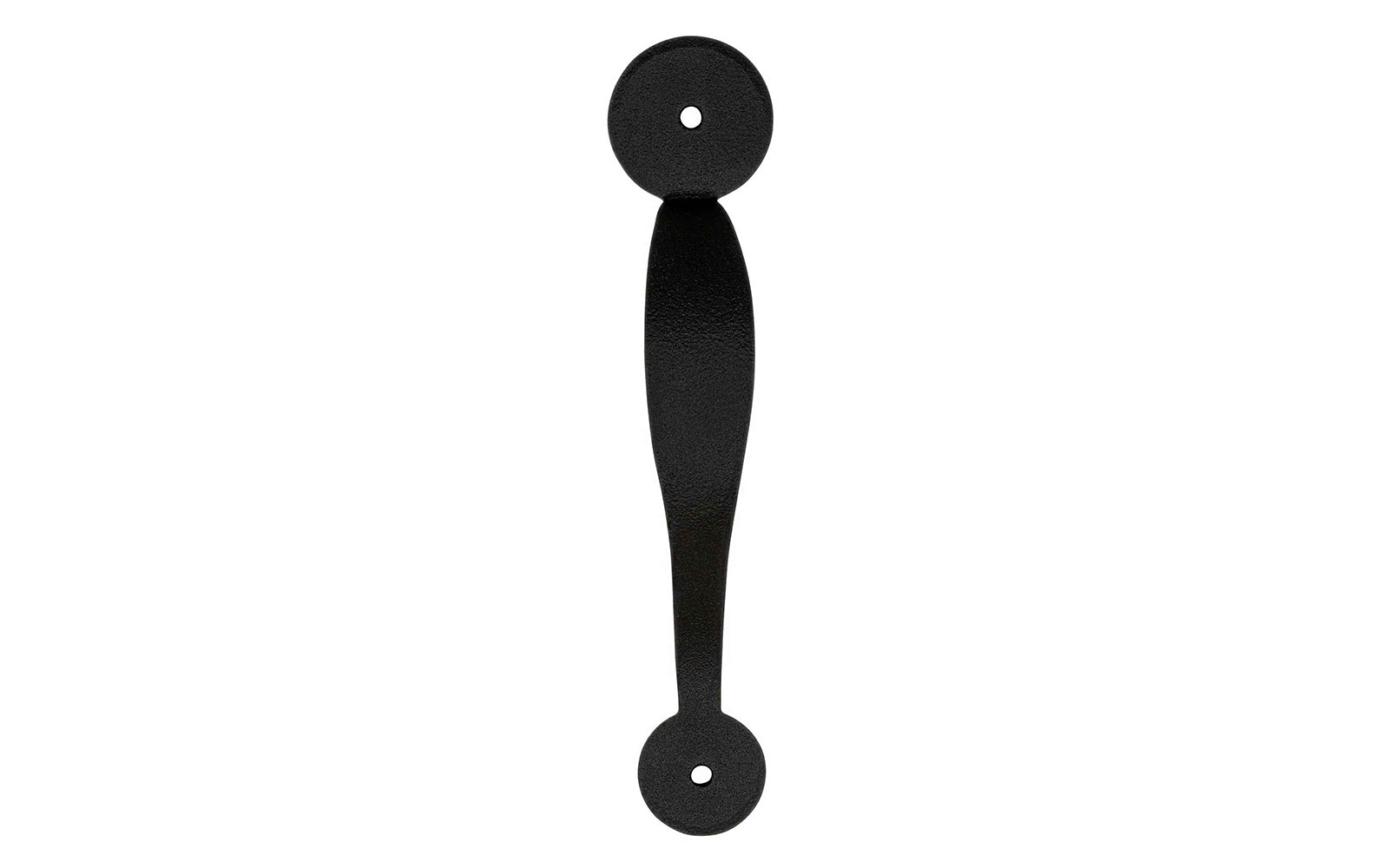 A hand-forged door pull handle with circle end tips. Steel material with a black finish, it has a nice durable feel. This traditional-looking piece of hardware is great for doors, gates, & large cabinets. Powder coated to resist rust. Circle tips - Early-American Style - Cast Iron - 7" overall length - Model 88491