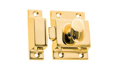 Vintage-style Hardware · Traditional & Solid Brass Cupboard Cabinet Latch ~ Large Size. 2-1/8" high x 1-5/8" wide. Made of solid brass material ~ Durable & strong spring loaded mechanism ~ Excellent for kitchens, cabinets, furniture, cupboards, bathrooms. Unlacquered Brass Hardware. Non-Lacquered Brass (will patina naturally over time). Authentic reproduction hardware