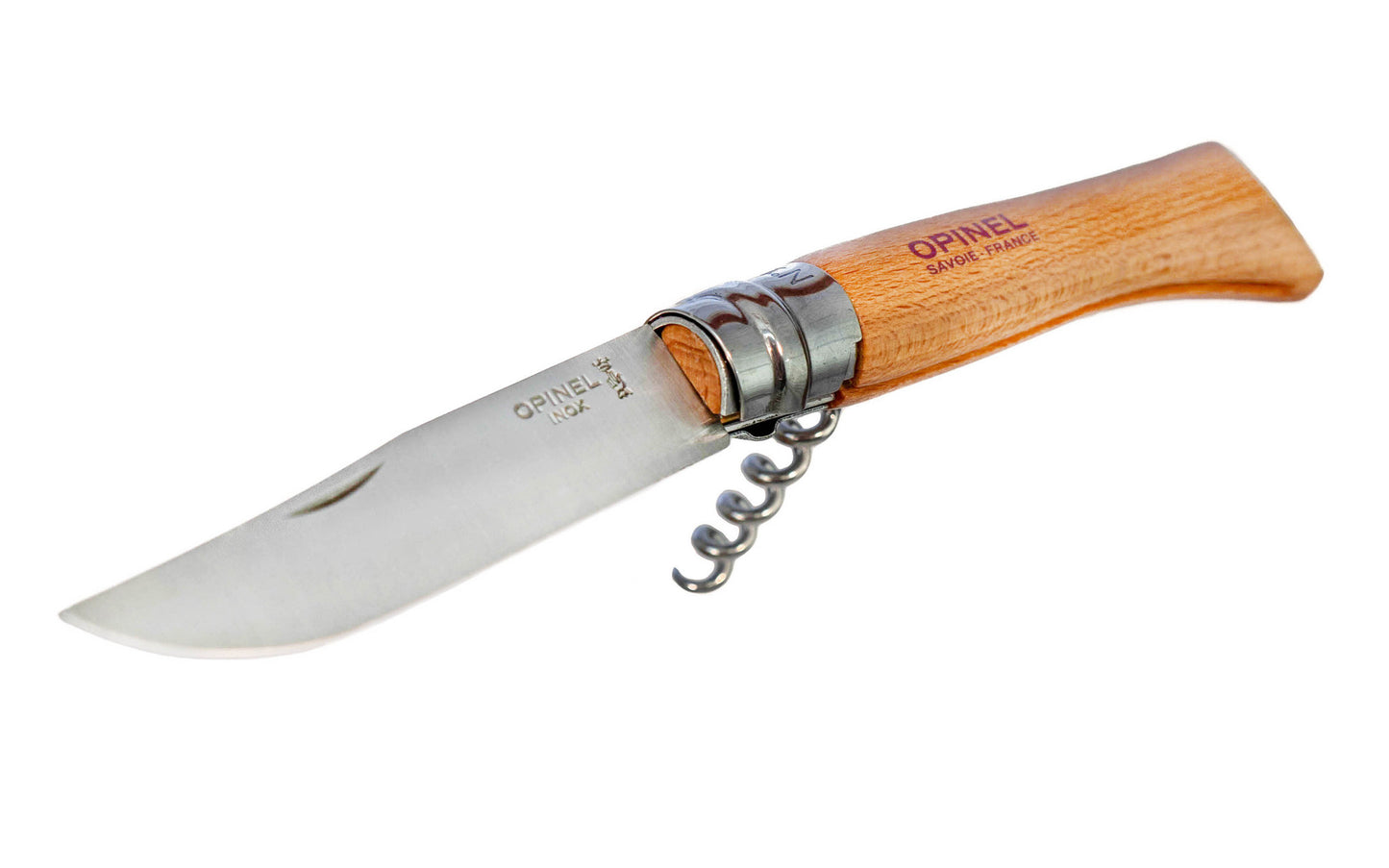 Opinel Stainless Steel Corkscrew Knife ~ Made in France ~ Fantastic for picnics & the kitchen ~ Great for wine & cheese ~ 3-15/16" stainless long foldable blade ~ Corkscrew folds into handle