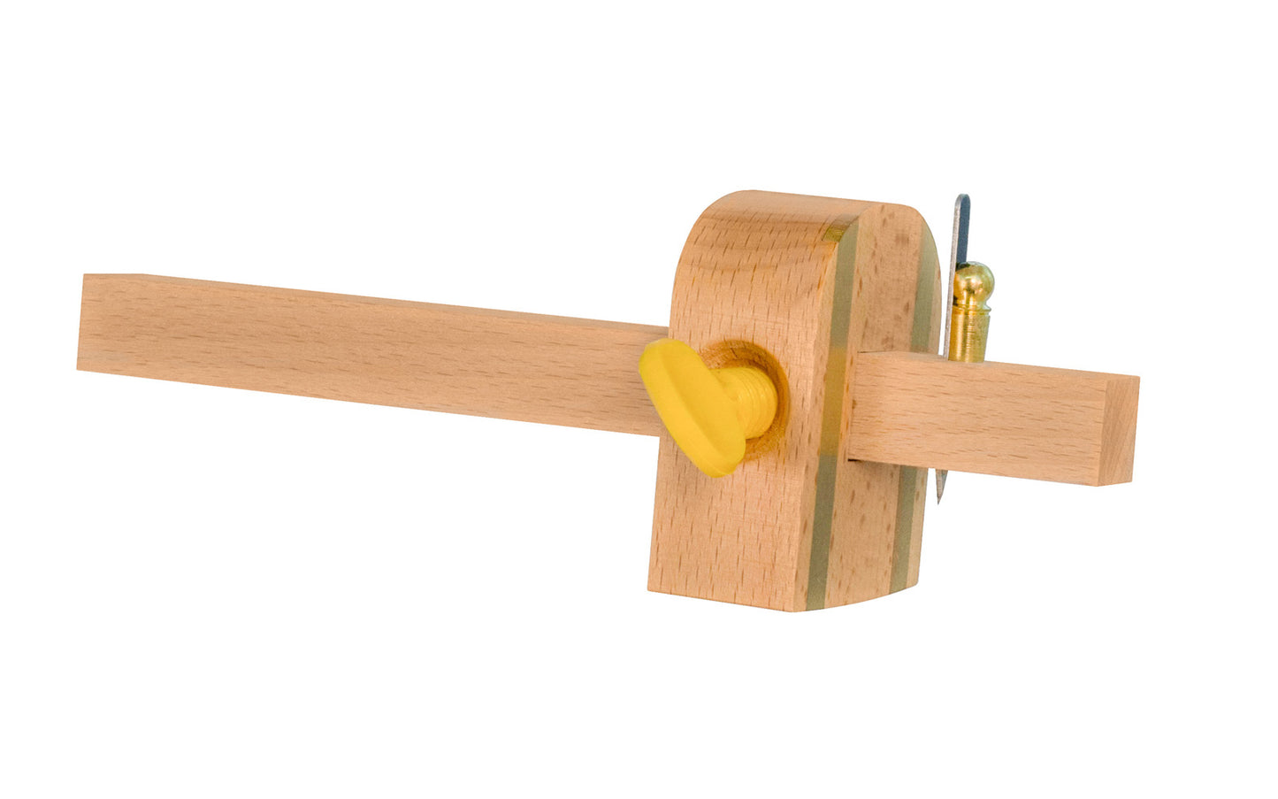 This Beech cutting gauge with a brass inlay by Crown Tools is good for marking accurate lines across grain without tearing, & is a good tool for cutting veneers as well. The high carbon steel cutting blade is held in place with a brass wedge. Beech wood. Model 142.  Made in England.
