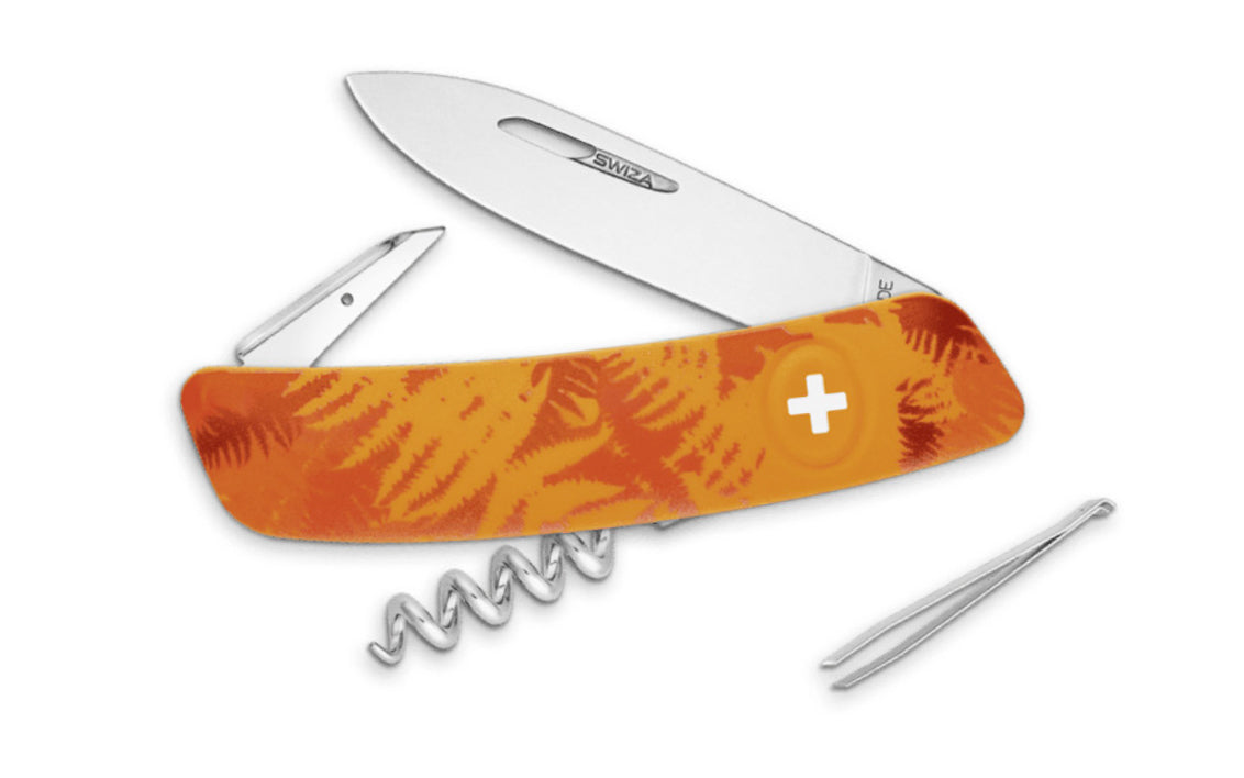 Swiza D01 Fern Orange Swiss Multi-Tool Knife. 3-3/4" closed length. Includes 75 mm blade, blade lock, reamer/punch, sewing awl, cork screw, tweezers. Swiss Army Style Knife. Made in Switzerland.