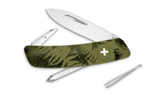 Swiza D02 Fern Green Swiss Multi-Tool Knife. 3-3/4" closed length. Includes 75 mm blade, blade lock, reamer/punch, sewing awl, cork screw, #1 phillips screwdriver, tweezers. Swiss Army Style Knife. Made in Switzerland.