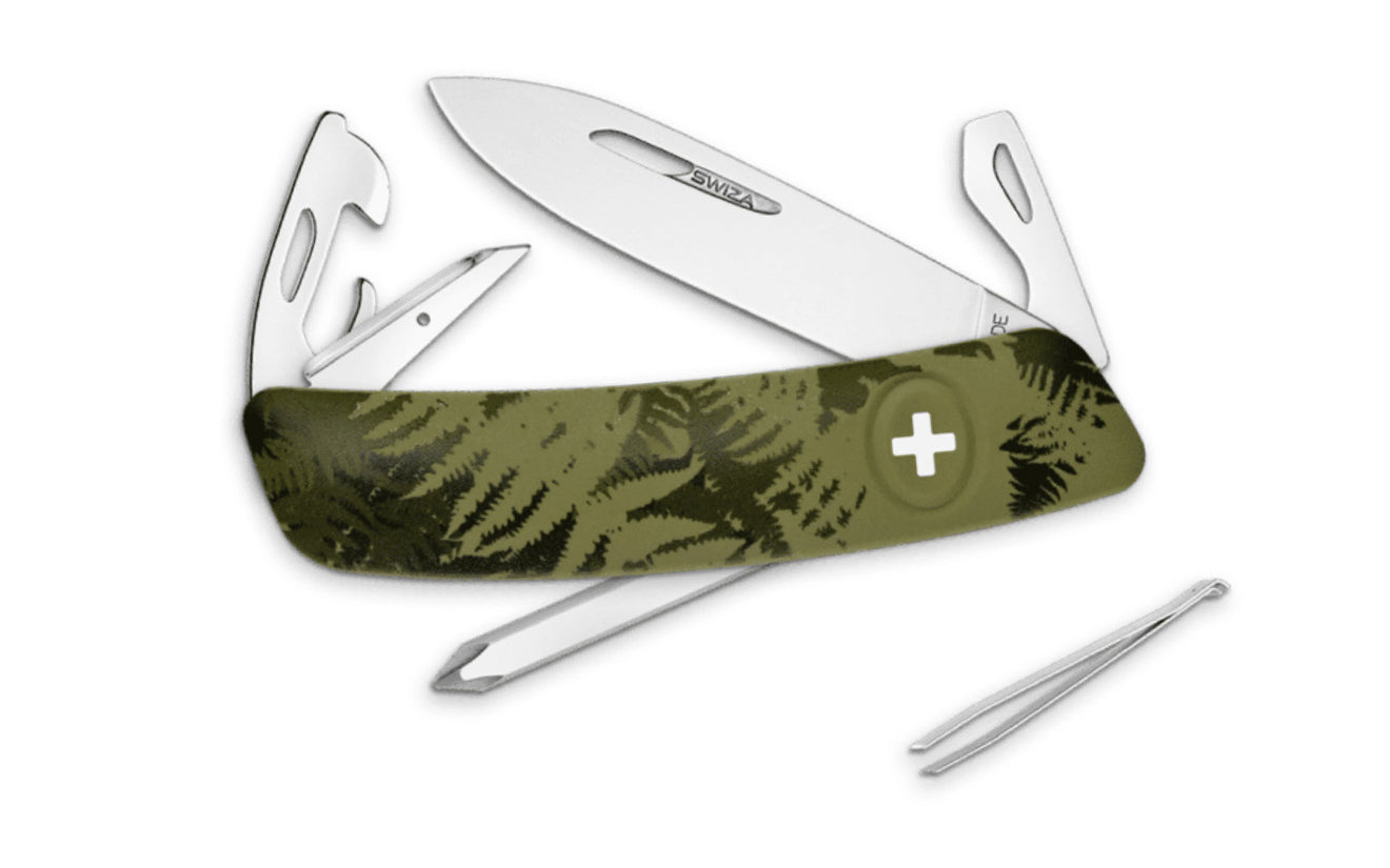 Swiza D04 Fern Green Swiss Multi-Tool Knife. 3-3/4" closed length. Includes 75 mm blade, blade lock, reamer/punch, sewing awl, bottle opener, #3 slotted screwdriver, #1 slotted screwdriver, #1 phillips screwdriver, wire bender, can opener, tweezers. Swiss Army Style Knife. Made in Switzerland.