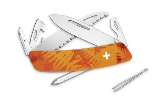 Swiza D06 Fern Orange Swiss Multi-Tool Knife. 3-3/4" closed length. Includes 75 mm blade, saw blade, blade lock, reamer/punch, sewing awl, bottle opener, #3 slotted screwdriver, #1 slotted screwdriver, #1 phillips screwdriver, wire bender, can opener, tweezers. Swiss Army Style Knife. Made in Switzerland.