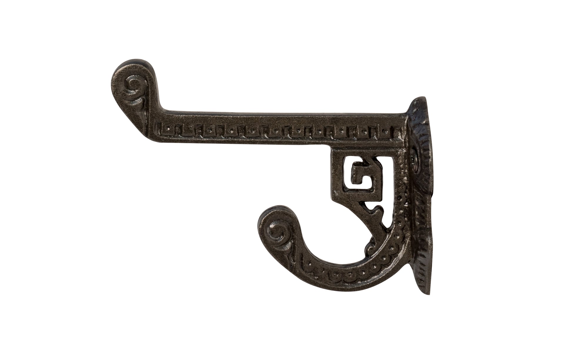 Cast Iron Ornate Hook ~ Traditional & classic ~ Vintage-style double hook ~ Made of heavy cast iron ~ 3-7/8" hook projection ~ Includes 2 phillips flat head screws ~ Intricate & ornate design