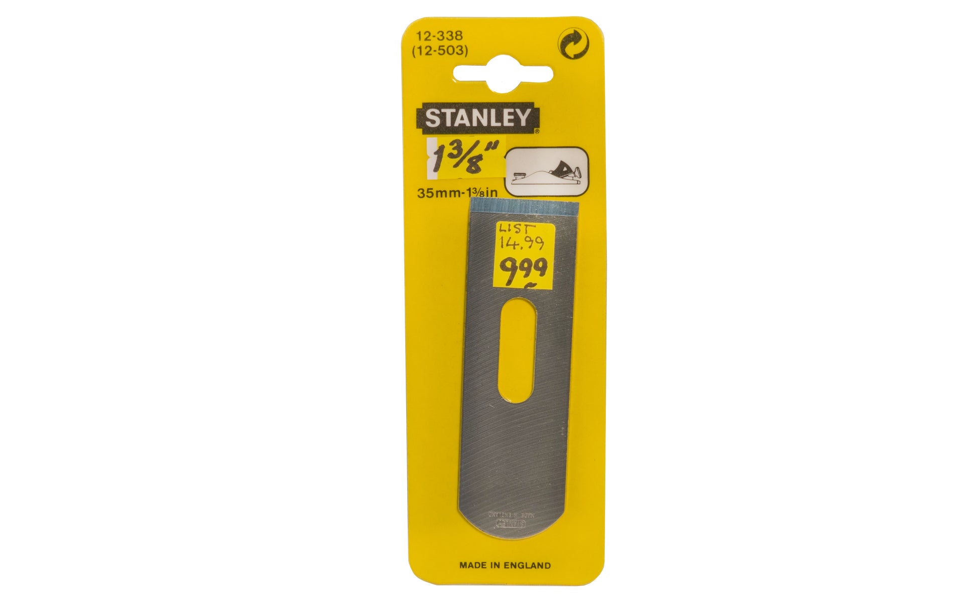 Model 12-503  12-503 ~ 1-3/8" (35 mm) wide cutter blade ~ Hardened, tempered high-carbon chrome steel gives excellent edge retention - Can be honed to a razor-sharp edge ~ Ground to a flat surface ~ Ground edge of 25°; finish with honed angle of 30° is recommended - 076174123388 - Replacement Stanley Iron Blade