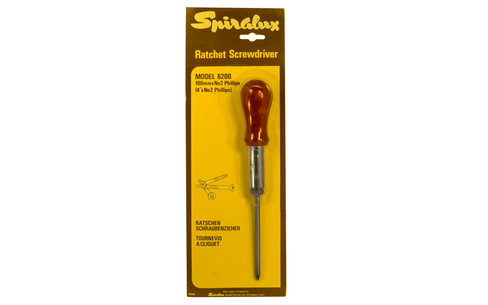 Spiralux screwdriver with No. 2 Phillips. Fully heat treated & tempered bar for long life. Ratcheting Spiralux screwdriver - 4" long blade (100 mm). Model No. 6200.  Brand new old stock.   Made in Gillingham, Kent. England