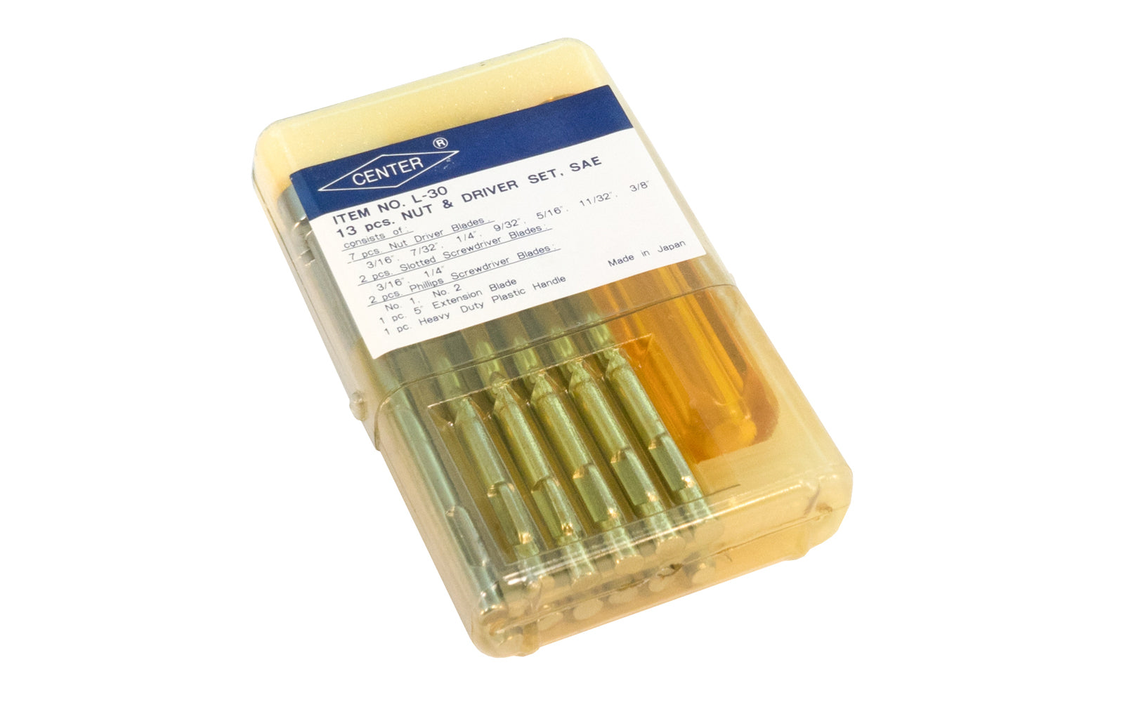This Japanese-made 13-piece SAE Nut Driver & Screwdriver Set has  3/16",   7/32",   1/4",   9/32",  5/16",  11/32",  3/8" nut driver sizes. 3/16",  1/4" slotted screwdriver blade sizes, &  No. 1  &  No. 2 phillips screwdriver blade sizes. 083144006304.   Made in Japan
