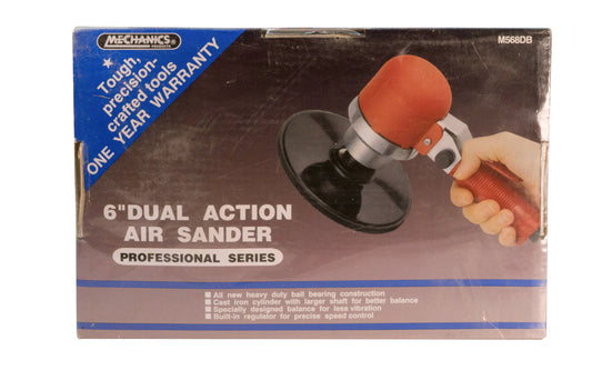 6" Dual Action Air Sander. Heavy duty ball bearing construction. Cast iron cylinder with larger shaft for better balance. Built-in regulator for precise speed control. Mechanics Products. 039564505683