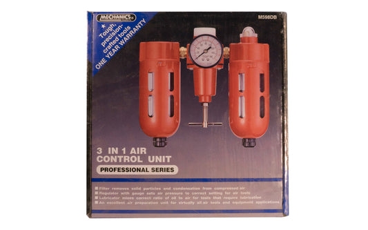 3-in-1 Air Control Unit - M598DB. Filter removes solid particles & condensation from compressed air. Regulator with gauge sets air pressure to correct setting for air tools. Mechanics Products. 039564505980