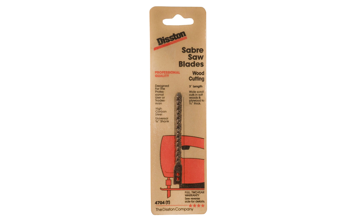 Disston 3" Wood Cutting Sabre Saw Blade. Wide scroll cuts in soft woods & plywood to 1/2" thick. 3" length. Jig saw blade made in West Germany. Model 4704 (T). Made by Disston. 035781180207
