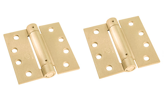 These 4" Satin Brass Finish Spring Hinges are designed for hanging self-closing doors in basements, stairways, garages, & entrances, etc. Can be used in residential, commercial, & apartment buildings. Hinge is UL approved. Closing speed is adjustable. Fits standard hinge cutout. Square corner automatic door-closing spring hinge. Satin Brass Finish on cold-rolled steel material. Sold as two hinges in pack.  Ultra Hardware No. 35342