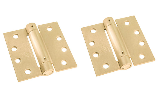 These 4-1/2" Satin Brass Finish Spring Hinges are designed for hanging self-closing doors in basements, stairways, garages, & entrances, etc. Can be used in residential, commercial, & apartment buildings. Hinge is UL approved. Closing speed is adjustable. Fits standard hinge cutout. Square corner automatic door-closing spring hinge. Satin Brass Finish on cold-rolled steel material. Sold as two hinges in pack.  Ultra Hardware No. 35344