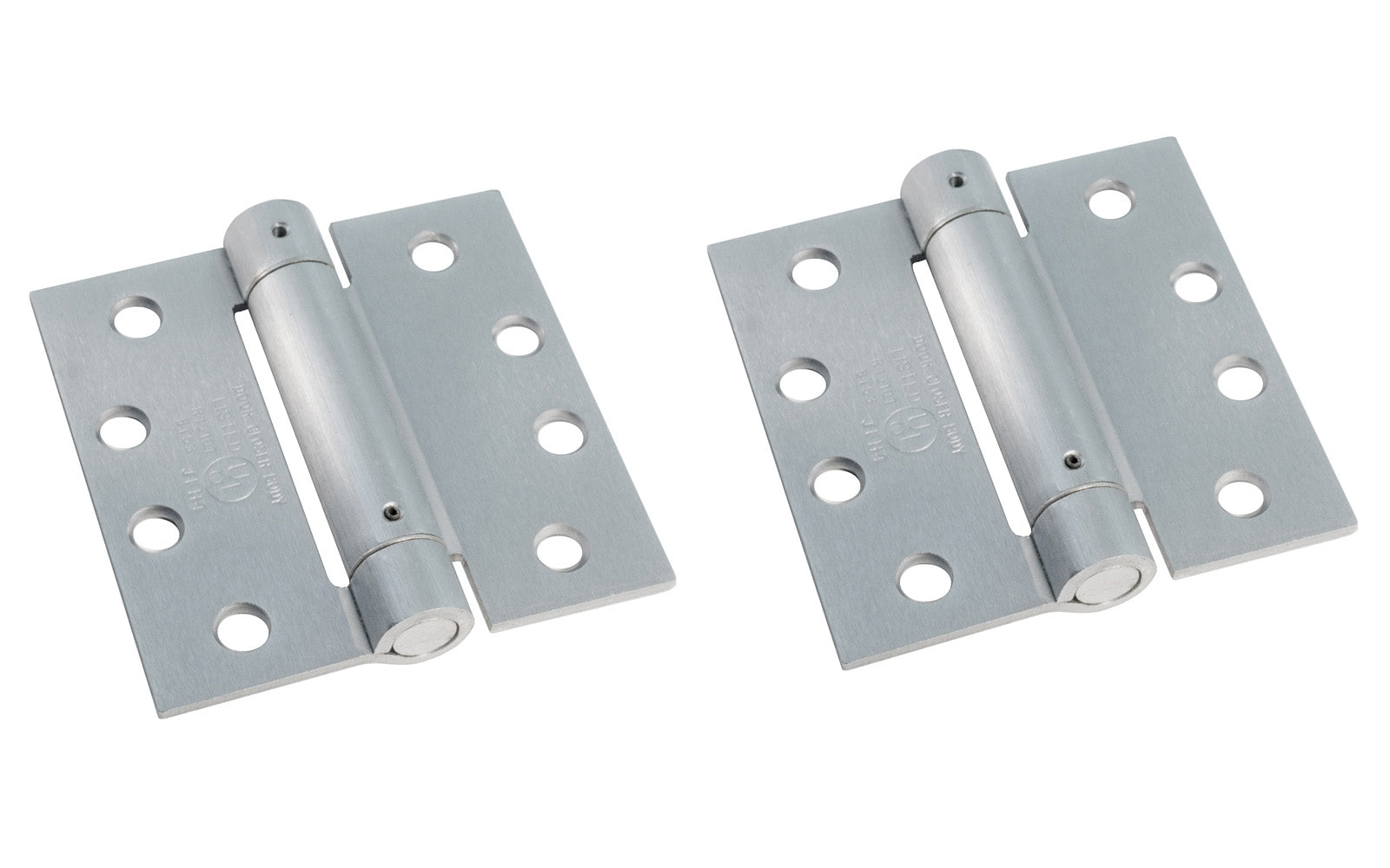 4" Satin Chrome Spring Hinge is designed for hanging self-closing doors in basements, stairways, garages, & entrances, etc. Can be used in residential, commercial, & apartment buildings. Hinge is UL approved. Closing speed is adjustable. Fits standard hinge cutout. Square corner automatic door-closing spring hinge. Satin Brass Finish on cold-rolled steel material. Sold as two hinges in pack.  Ultra Hardware No. 35337