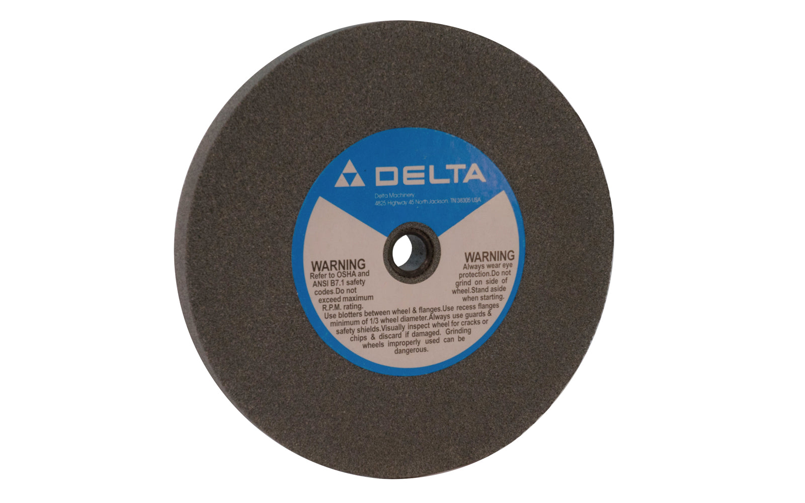 8" Aluminum Oxide Bench Grinding Wheel made by Delta. Designed for general purpose grinding on steel, high speed steels, & ferrous metals. Used for sharpening edges on tools.  8" diameter of wheel. 3/4" thickness. 60 grit. 