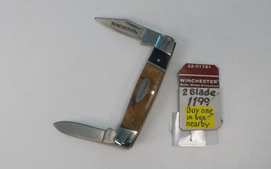 Winchester 2-Blade Knife - 22-01781. Two Blade Stockman Knife. Burl Wood.