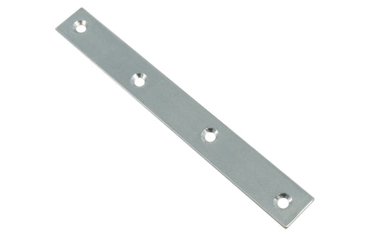 8" Zinc-Plated Mending Plate. These flat mending plate irons are designed for furniture, cabinets, shelving support, etc. Allows for quick & easy repair of items in the workshop, home, & other applications. Made of steel material with a zinc plated finish. Countersunk holes. 8" long size.  Screws not included.