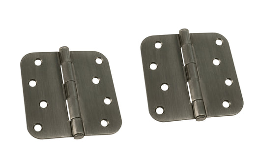 A pair of 4" Antique Nickel Door Hinges with 5/8" radius corners & a removable pin. Antique Nickel finish on steel material. Countersunk holes. Includes flat head screws. 4" x 4" door hinge size. Five knuckle, full mortise design. Ultra Hardware No. 35049.