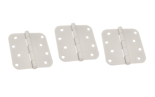 Three 4" White Painted Door Hinges with 5/8" radius corners & a removable pin. White color finish on steel material. Countersunk holes. Includes flat head screws. 4" x 4" door hinge size. Five knuckle, full mortise design. Ultra Hardware No. 61756.