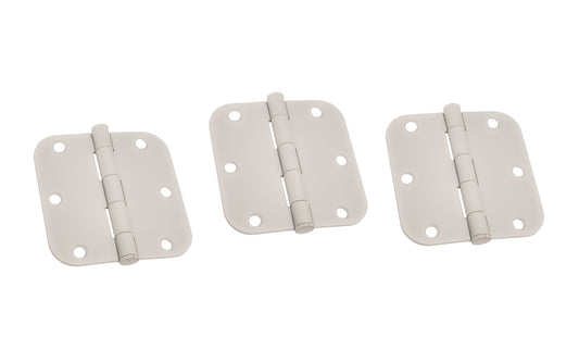 Three 3-1/2" White Painted Door Hinges with 5/8" radius corners & a removable pin. White color finish on steel material. Countersunk holes. Includes flat head screws. 4" x 4" door hinge size. Five knuckle, full mortise design. Ultra Hardware No. 61746.