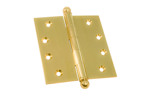 Lacquered solid brass 4" x 4" square corner door hinges with ball tip finial tips. Sold as two hinges in pack and includes fasteners. Lacquered finish on solid brass material. Heavy extruded brass.  Made by Ultra Hardware.