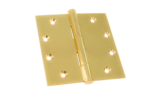 Lacquered solid brass 4-1/2" x 4-1/2" square corner door hinges with button tips. Sold as two hinges in pack and includes fasteners. Lacquered finish on solid brass material. Heavy extruded brass. Threaded button-tip finials.  Made by Ultra Hardware.