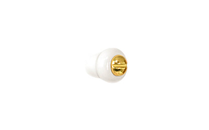A classic & traditional white porcelain round cabinet knob. Made of quality porcelain, this stylish knob has a smooth & attractive look & feel. Works well in kitchens, bathrooms, on furniture, cabinets, drawers. White Porcelain Knob with Brass Screw Bolt. 1/2" Diameter Knob