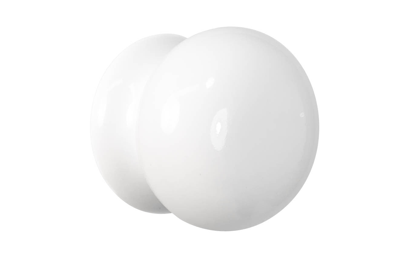 A classic & traditional white porcelain cabinet knob. Made of quality & genuine porcelain material, this stylish knob has a smooth & attractive look & feel. This round knob works well in kitchens, bathrooms, on furniture, cabinets, drawers, & other uses. 2" Diameter Knob
