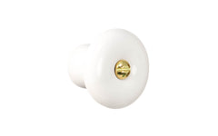 A classic & traditional white porcelain round cabinet knob. Made of quality porcelain, this stylish knob has a smooth & attractive look & feel. Works well in kitchens, bathrooms, on furniture, cabinets, drawers. White Porcelain Knob with Brass Screw Bolt. 1-1/4" Diameter Knob