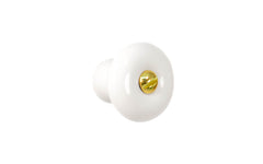 A classic & traditional white porcelain round cabinet knob. Made of quality porcelain, this stylish knob has a smooth & attractive look & feel. Works well in kitchens, bathrooms, on furniture, cabinets, drawers. White Porcelain Knob with Brass Screw Bolt. 1" Diameter Knob