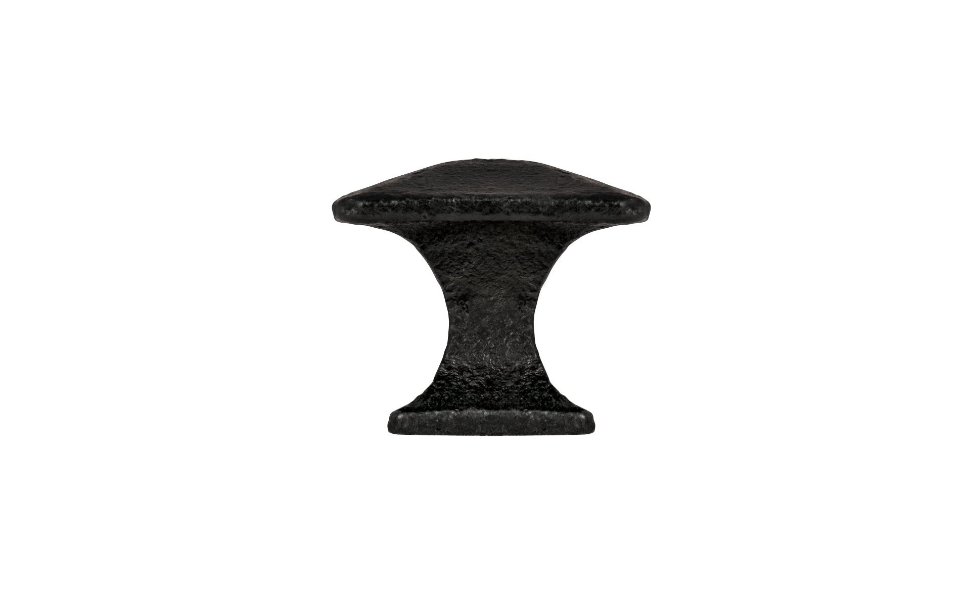 A rustic-looking & attractive black cast iron pyramid style cabinet knob ~ 1" size. Designed in the Mission / Arts & Crafts style style hardware, The square knob works well in kitchens, bathrooms, on furniture, cabinets, drawers. Made of cast iron material with a satin black color. 1" x 1" size. Reproduction Hardware. 
