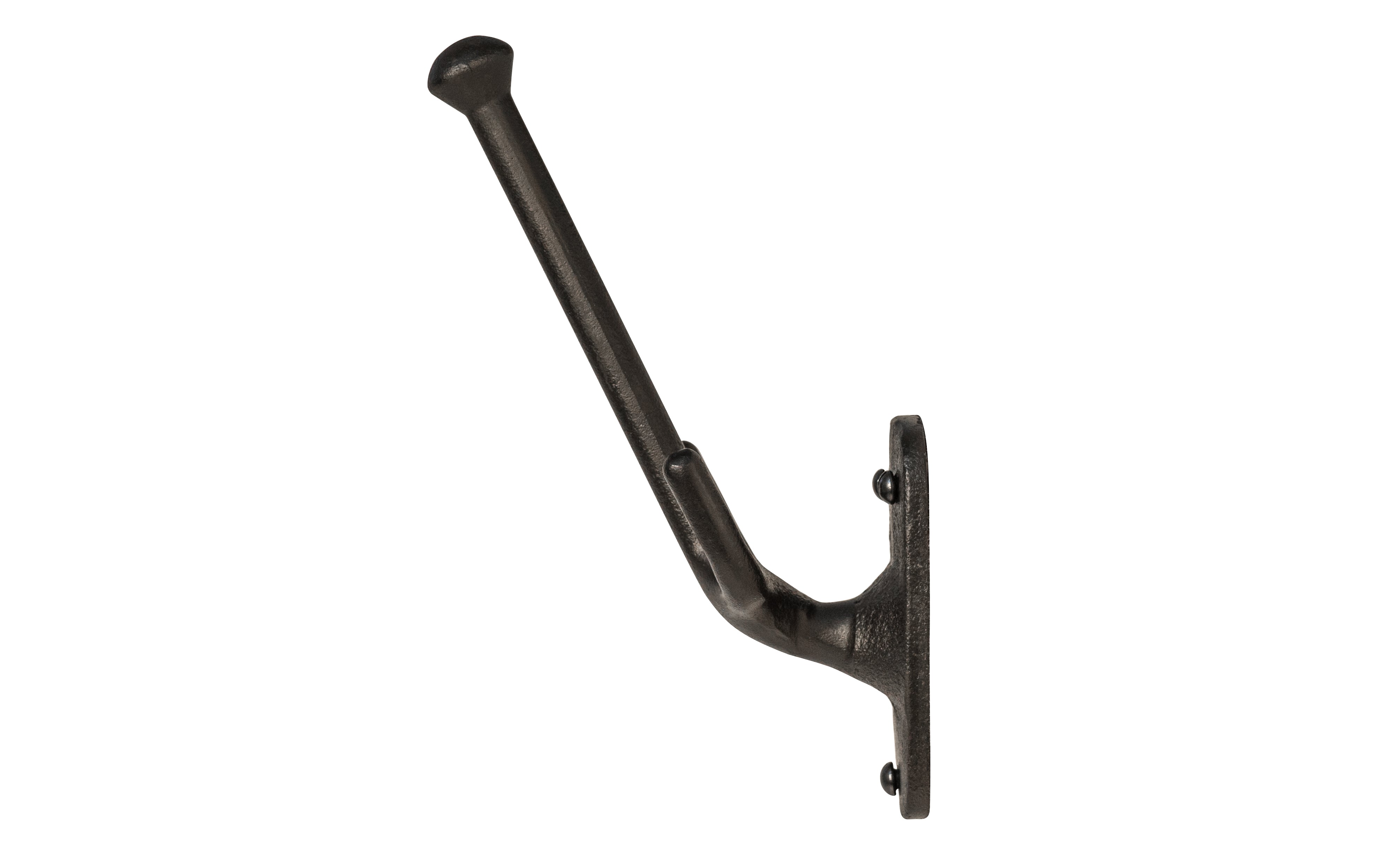 Vintage-style black cast iron hall hook designed in the Gustav Stickley style. Excellent for use in hallways, hall trees, kitchens, & many other places. The three-prong hook is made of strong cast iron material, making it great for coats & clothing.  6-1/2
