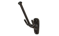 Vintage-style black cast iron hall hook designed in the Gustav Stickley style. Excellent for use in hallways, hall trees, kitchens, & many other places. The three-prong hook is made of strong cast iron material, making it great for coats & clothing.  6-1/2" high. Mission or Arts & Crafts style, Gustav Stickley hook.