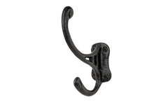 Vintage-style Hardware · Traditional Black Cast Iron Hall Tree Hook. For use in hallways, hall trees, coat racks, kitchens, bedrooms. Strong cast iron material, making it durable for heavy coats, bags, & clothing. Double hook for hanging multiple items. Designed in the Victorian, Late 19th Century style hardware. 