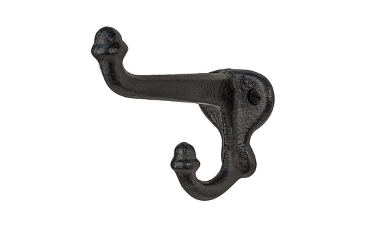 Charming vintage-style "schoolhouse" style black cast iron hook. Excellent for use in hallways, hall trees, kitchens, bedrooms, & other places. The double hook is made of strong cast iron material, making it durable for heavy coats, bags, & clothing. Made of durable cast iron material. 3" projection size. Acorn hook.