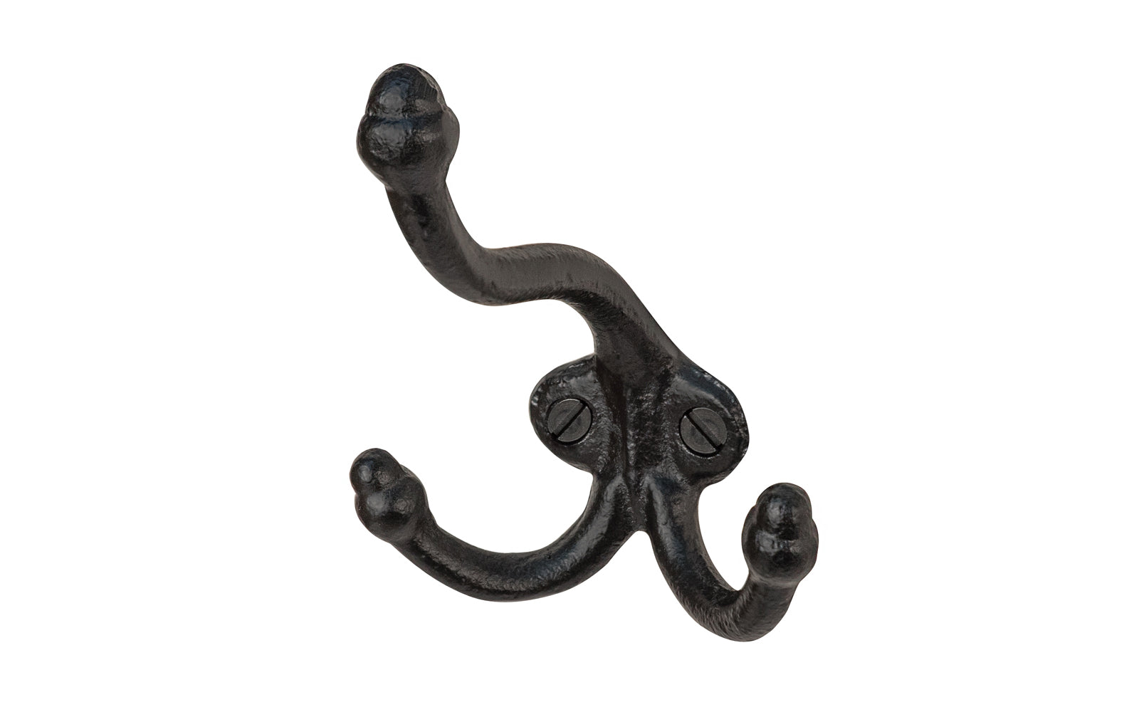 A charming vintage-style triple prong black cast-iron acorn hook. Great for use in hallways, hall trees, coat racks, kitchens, bedrooms, & many other places. The hook is made of strong cast iron material, making it durable for heavy coats, bags, & clothing. Three prongs on the hook with acorn tips.