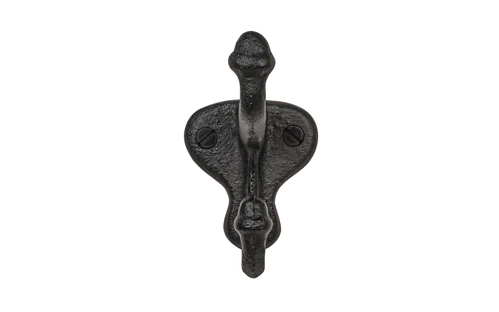 Charming vintage-style "schoolhouse" style black cast iron hook. Excellent for use in hallways, hall trees, kitchens, bedrooms, & other places. The double hook is made of strong cast iron material, making it durable for heavy coats, bags, & clothing. Made of durable cast iron material. 3" projection size. Acorn hook.