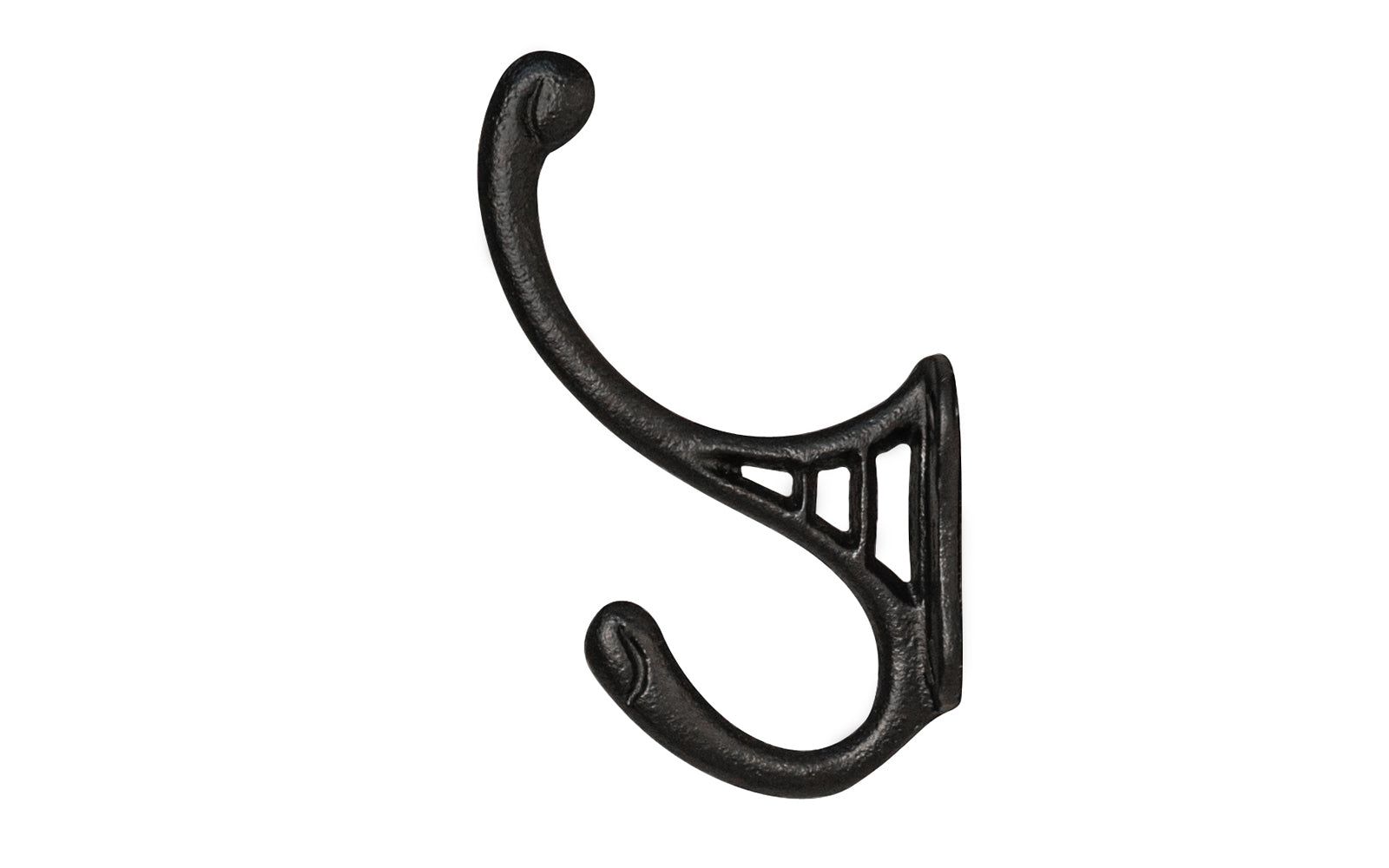 Vintage-style Hardware · Traditional Black Cast Iron Hall Tree Hook. For use in hallways, hall trees, coat racks, kitchens, bedrooms. Strong cast iron material, making it durable for heavy coats, bags, & clothing. Double hook for hanging multiple items. Designed in the Victorian, Late 19th Century style hardware. 
