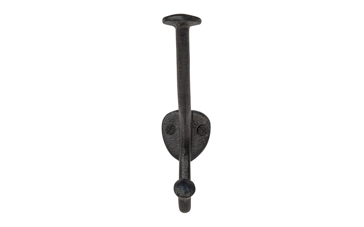 Vintage-style black cast-iron hall tree hook designed in the Art Nouveau style of hardware. Great for use in hallways, hall trees, coat racks, kitchens, bedrooms, & many other places. The double hook is made of strong cast iron material, making it durable for heavy coats, bags, & clothing 5-1/2" high hook. 