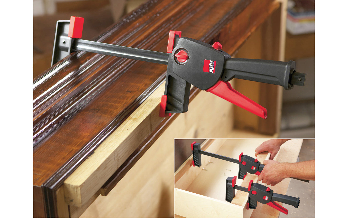 Bessey 12" DuoKlamp Clamp ~ DUO30-8 - One handed clamp & spreader. Clamp or spread with the turn of a button, no tools necessary. 12" max opening & 3-1/4" deep throat. Jaws resist flex & withstand up to 260 lb. of clamping force. Soft pressure caps prevent marring of wood by distributing pressure over a greater area.  
