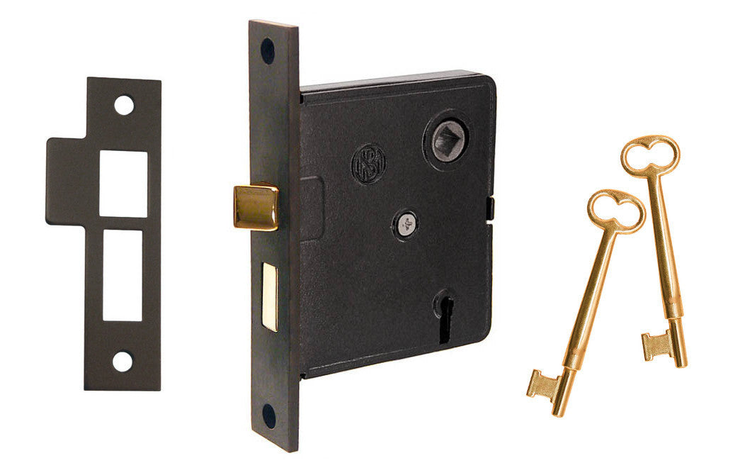 Traditional & classic interior mortise lock set. Includes skeleton key for deadbolt operation & locking of doors. Replica of common older style mortise locks. 2-1/2" backset. Solid brass material & thick steel case. Old-style privacy mortise lock. Oil Rubbed Bronze Finish.