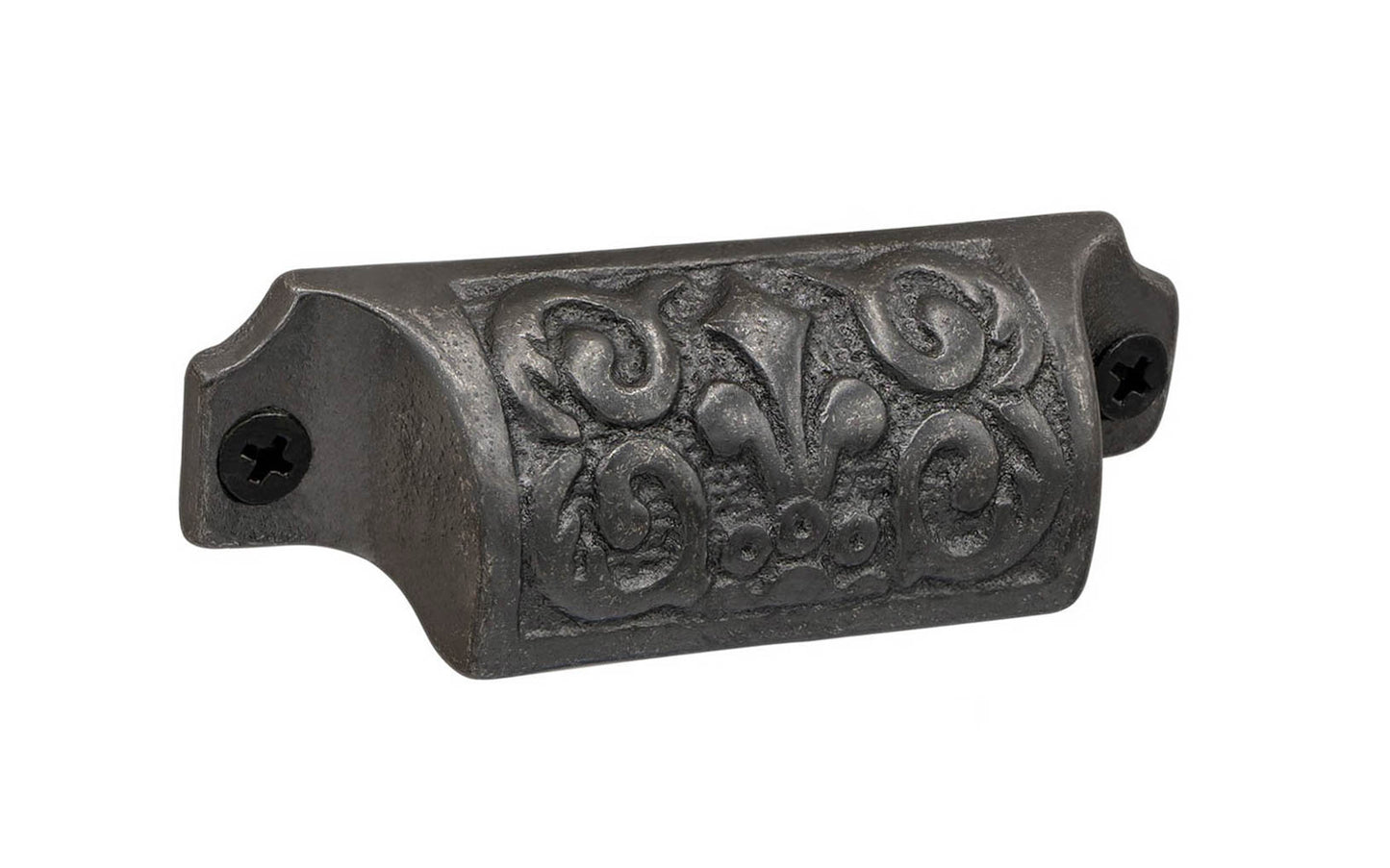 Rustic-looking & ornate cast iron bin pull with nice & charming "Fleur-de-Lis" detail. Made of cast iron material, this pull is thick with a good grip. This old-style bin pull is great for adding charm to your cabinets & drawers. Vintage-style finish with lacquer to resist rust. Victorian style pull. 3-1/4" on centers