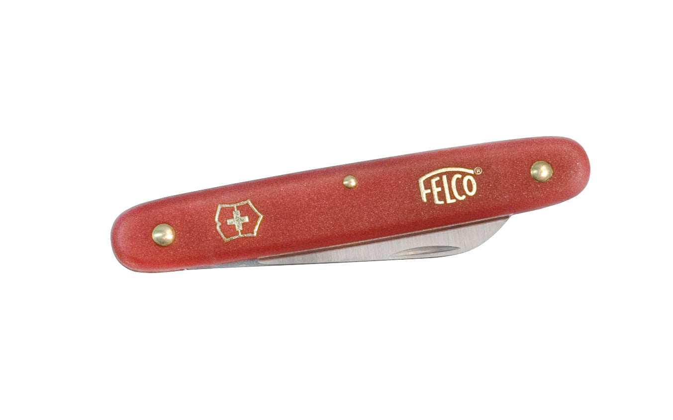 Made in Switzerland - Quality Felco Swiss grafting knife. Foldable grafting knife with straight blade. Red nylon handle with standard alloy lining. Stainless steel blade, bevelled on one side, right-handed tool, 57 mm. Suitable for crown grafting or propagating cuttings - Model No 3.90 50 - 2-1/4