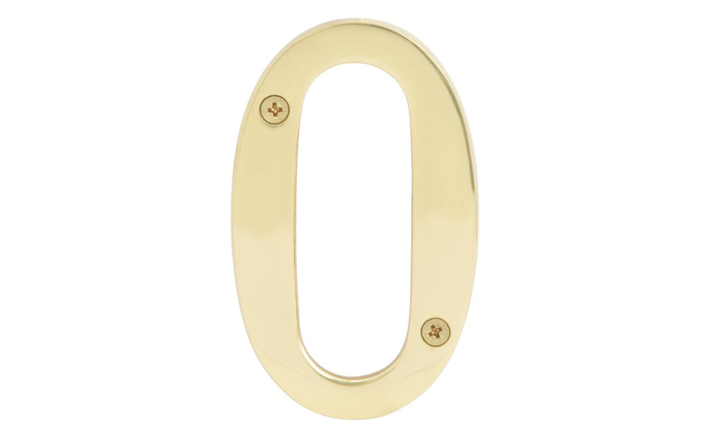Number Zero Solid Brass House Number in a 4" Size. Made of solid brass material - 1/4" thickness. Lacquered brass finish. Includes two flat head phillips screws. #0 House Number. Hy-Ko Model No. BR-90/0. 029069104900