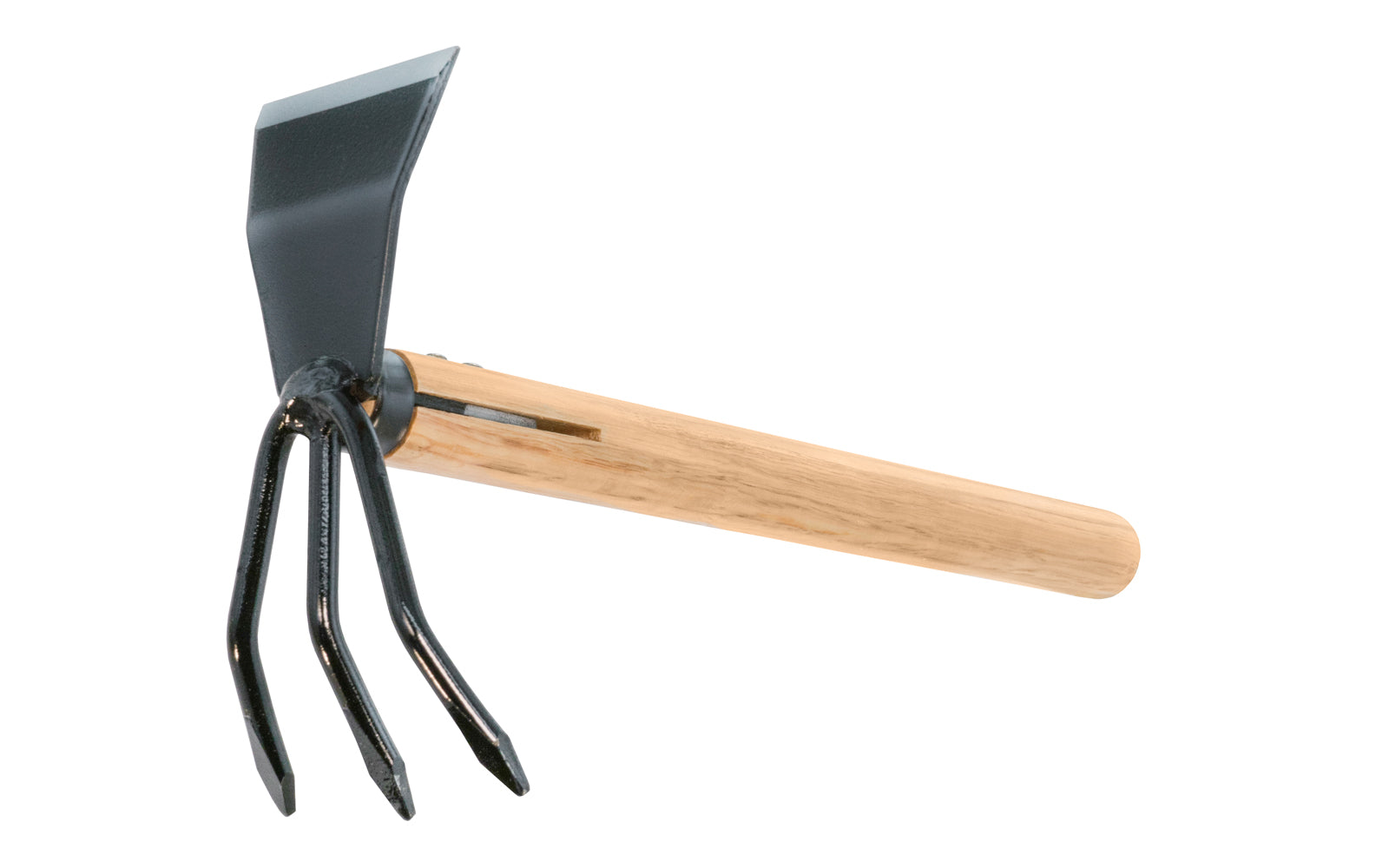 A quality Japanese Cuttlefish Hand Hoe made by Asano in Japan. Three tine rake & hoe blade are made of high carbon steel, & the fork prong blades cut tough weeds & roots with ease. Hoe is also good for harvesting & cultivating soil. Made in Japan. For turning soil & weeding roots. 3 Tine Hoe. Model 05030. 4994898050307