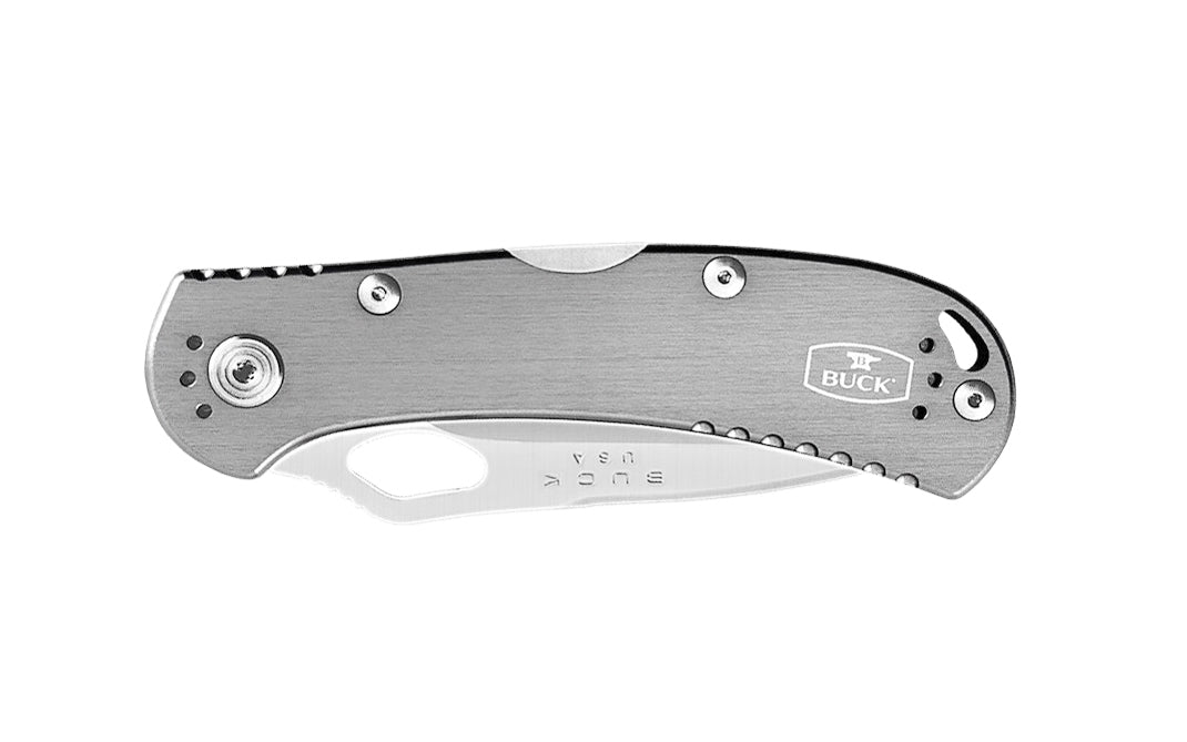 Buck Knives 722 Spitfire Folding Pocket Knife is designed for everyday carry. The blade can easily be opened with one hand & locks open with a lockback design. Anodized Gray Aluminum handle offers a sleek & lightweight design. Pocket clip attached to knife. Length 4-1/2" closed. Made in USA. 0722GYS1-B. 033753119910