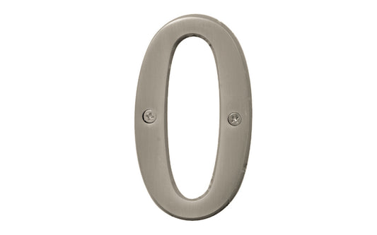#0r Zero House Number ~ 4" size ~ Satin nickel finish. Includes two phillips flat head screws. #0 house number. Hy-Ko Model BR-43SN/0. Hardware house numbers for outdoors. Includes screws. 029069309305. #0 Satin Nickel House Number - 4" Size